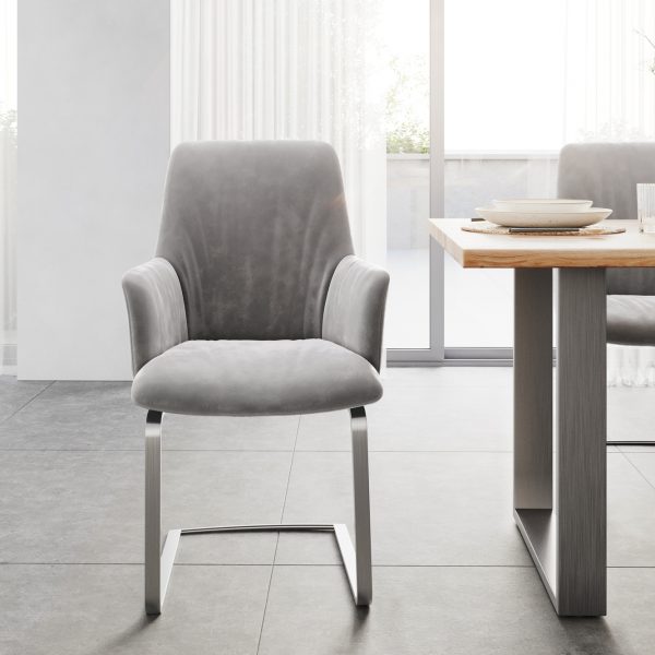 Jídelní židle Willa-Flex s područkou konzolová podnož plochá nerezová ocel samet šedá