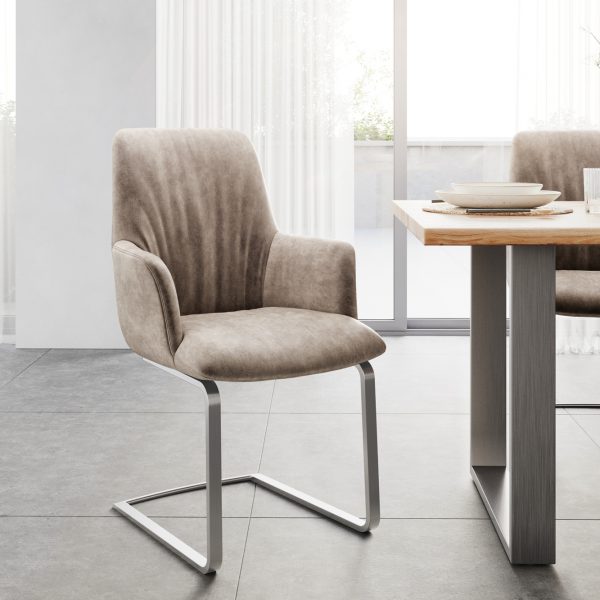 Jídelní židle Willa-Flex s područkou konzolová podnož plochá nerezová ocel mikrovlákno taupe vintage