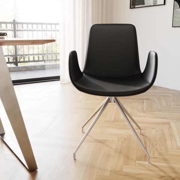 Jídelní židle Ilia-Flex křížová podnož zaoblená otočná nerezová ocel pravá kůže černá