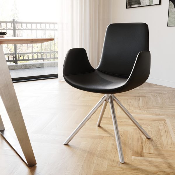 Jídelní židle Ilia-Flex křížová podnož kulatá otočná nerezová ocel pravá kůže černá