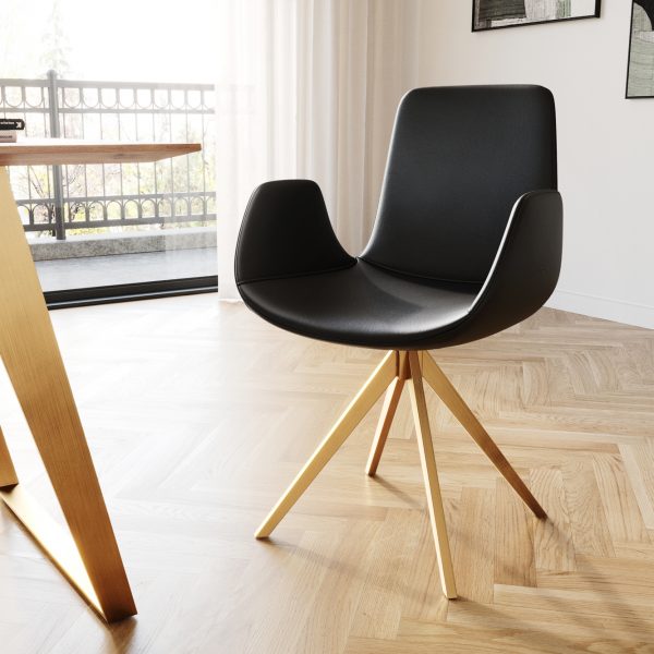 Otočná židle Ilia-Flex s područkou křížová podnož zaoblená otočná zlatá pravá kůže černá 180°
