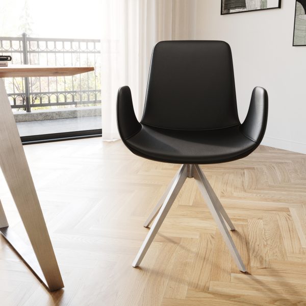 Otočná židle Ilia-Flex s područkou křížová podnož hranatá otočná nerezová ocel pravá kůže černá