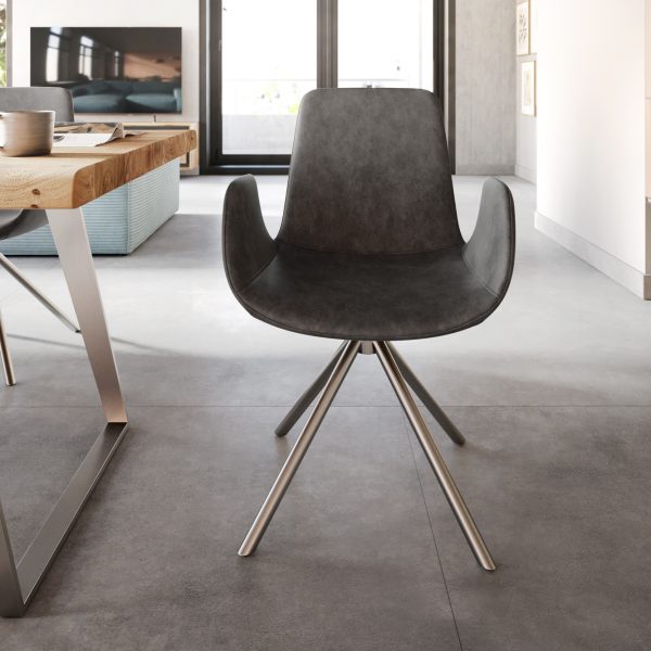 Jídelní židle Ilia-Flex křížová podnož kulatá otočná z nerezové oceli mikrovlákno antracitová vintage