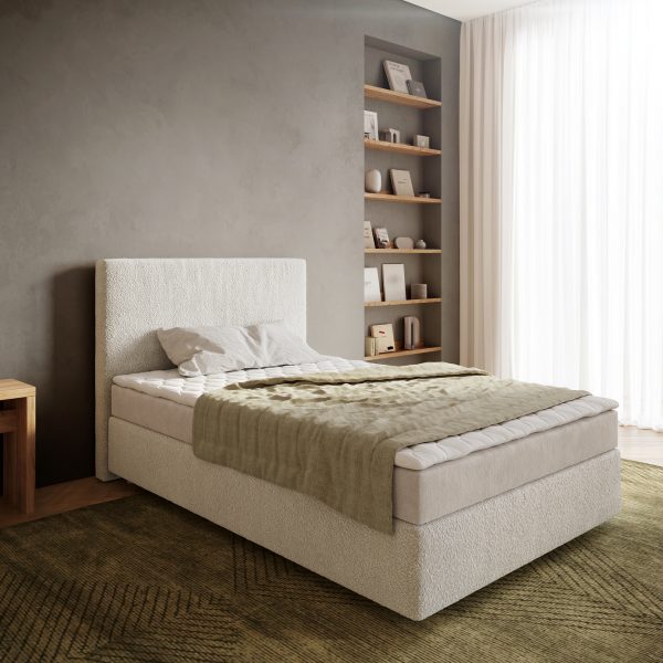 Postel Boxspring Dream-Well 120×200 cm bouclé krémově bílé barvy s matrací a topperem