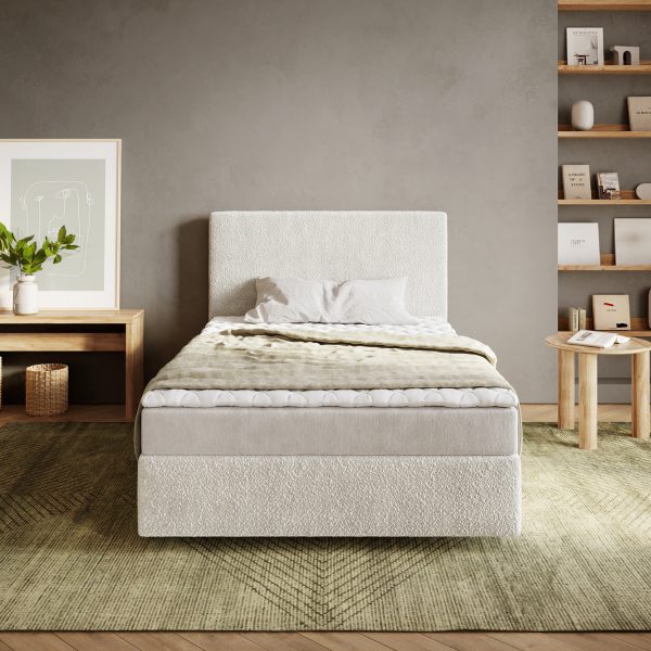 Postel Boxspring Dream-Well 120×200 cm bouclé krémově bílé barvy s matrací a topperem