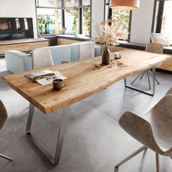 Jídelní stůl Edge 280×100 cm XL přírodní akácie nepravidelná hrana šikmá podnož z nerezové oceli