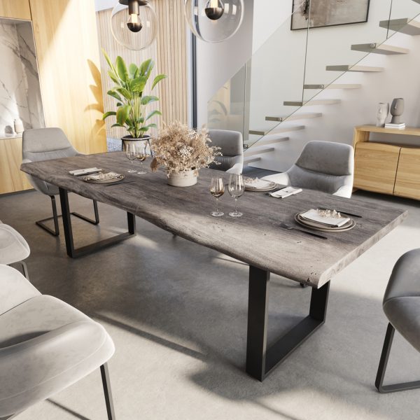 Jídelní stůl Edge 260×100 cm XL platinová akácie nepravidelná hrana kovová podnož černá