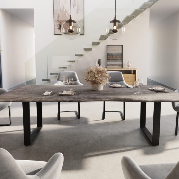 Jídelní stůl Edge 260×100 cm XL platinová akácie nepravidelná hrana kovová podnož černá