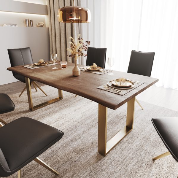 Jídelní stůl Edge 200×100 cm hnědá akácie podnož úzká z nerezové oceli zlatá