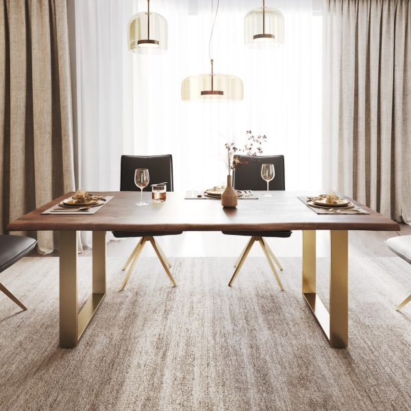 Jídelní stůl Edge 200×100 cm hnědá akácie podnož úzká z nerezové oceli zlatá