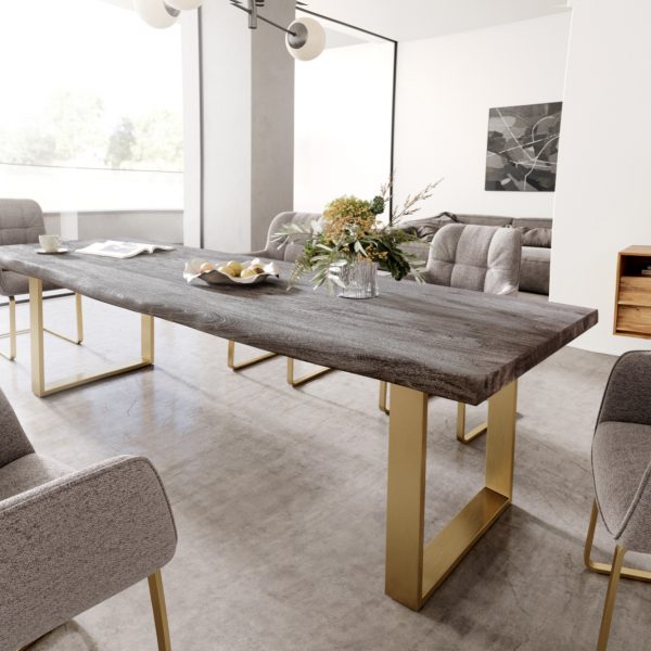 Jídelní stůl Edge 260×100 cm platinová akácie podnož úzká nerezová ocel zlatá