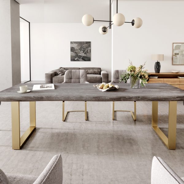 Jídelní stůl Edge 260×100 cm platinová akácie podnož úzká nerezová ocel zlatá