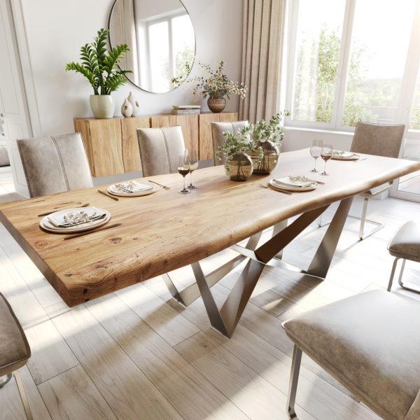 Jídelní stůl Edge 260×100 cm XL přírodní akácie nepravidelná hrana plochá podnož z nerezové oceli