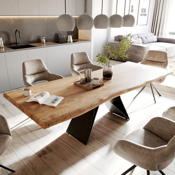 Jídelní stůl Edge 260×100 cm XL přírodní akácie kovová černá podnož ve tvaru “V”