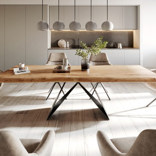 Jídelní stůl Edge 260×100 cm XL přírodní akácie kovová černá podnož ve tvaru “V”